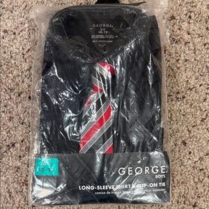 George Black Dress Shirt with Red and Gray Striped Tie